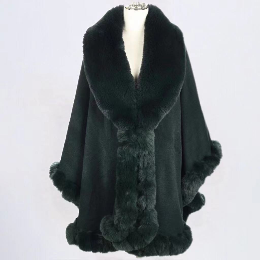 Eleganter V-Revers-Faux-Rex-Kaninchen-Pelz-Mantel-Umhang-Winter-Frauen-großer langer Schal-voller Trim-Pelz-Strickmantel-Mantel-großer Parka One size dunkelgrüne von Joom DACH