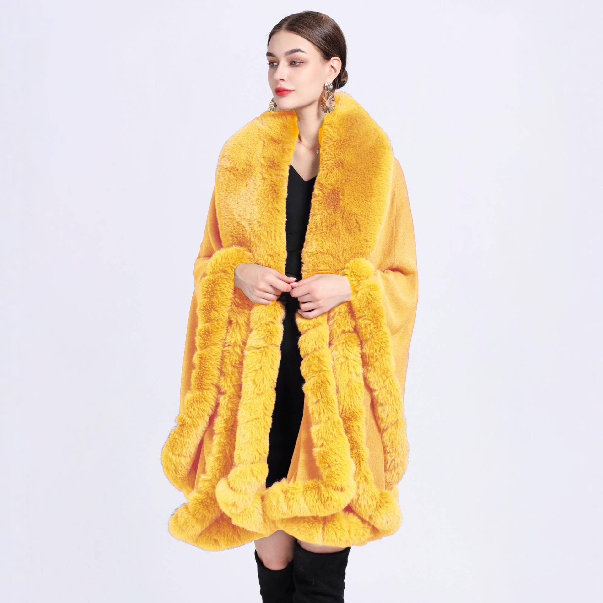 Eleganter V-Revers-Faux-Rex-Kaninchen-Pelz-Mantel-Umhang-Winter-Frauen-großer langer Schal-voller Trim-Pelz-Strickmantel-Mantel-großer Parka One size gelb von Joom DACH