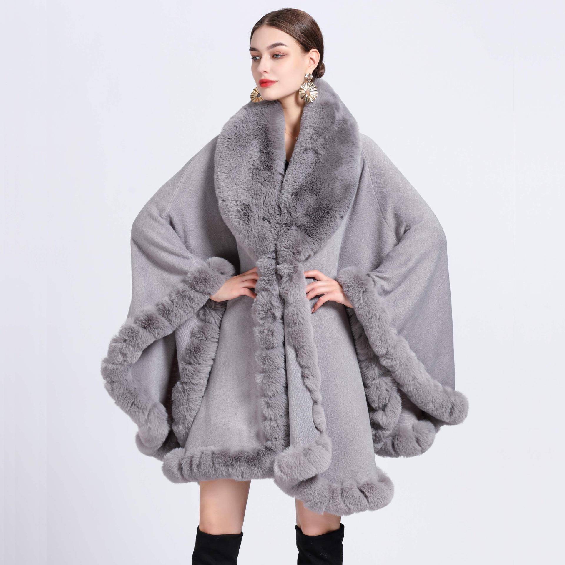 Eleganter V-Revers-Faux-Rex-Kaninchen-Pelz-Mantel-Umhang-Winter-Frauen-großer langer Schal-voller Trim-Pelz-Strickmantel-Mantel-großer Parka One size hellgrau von Joom DACH