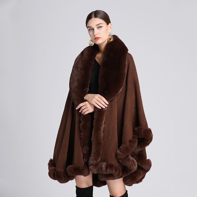 Eleganter V-Revers-Faux-Rex-Kaninchen-Pelz-Mantel-Umhang-Winter-Frauen-großer langer Schal-voller Trim-Pelz-Strickmantel-Mantel-großer Parka One size kaffeebraun von Joom DACH