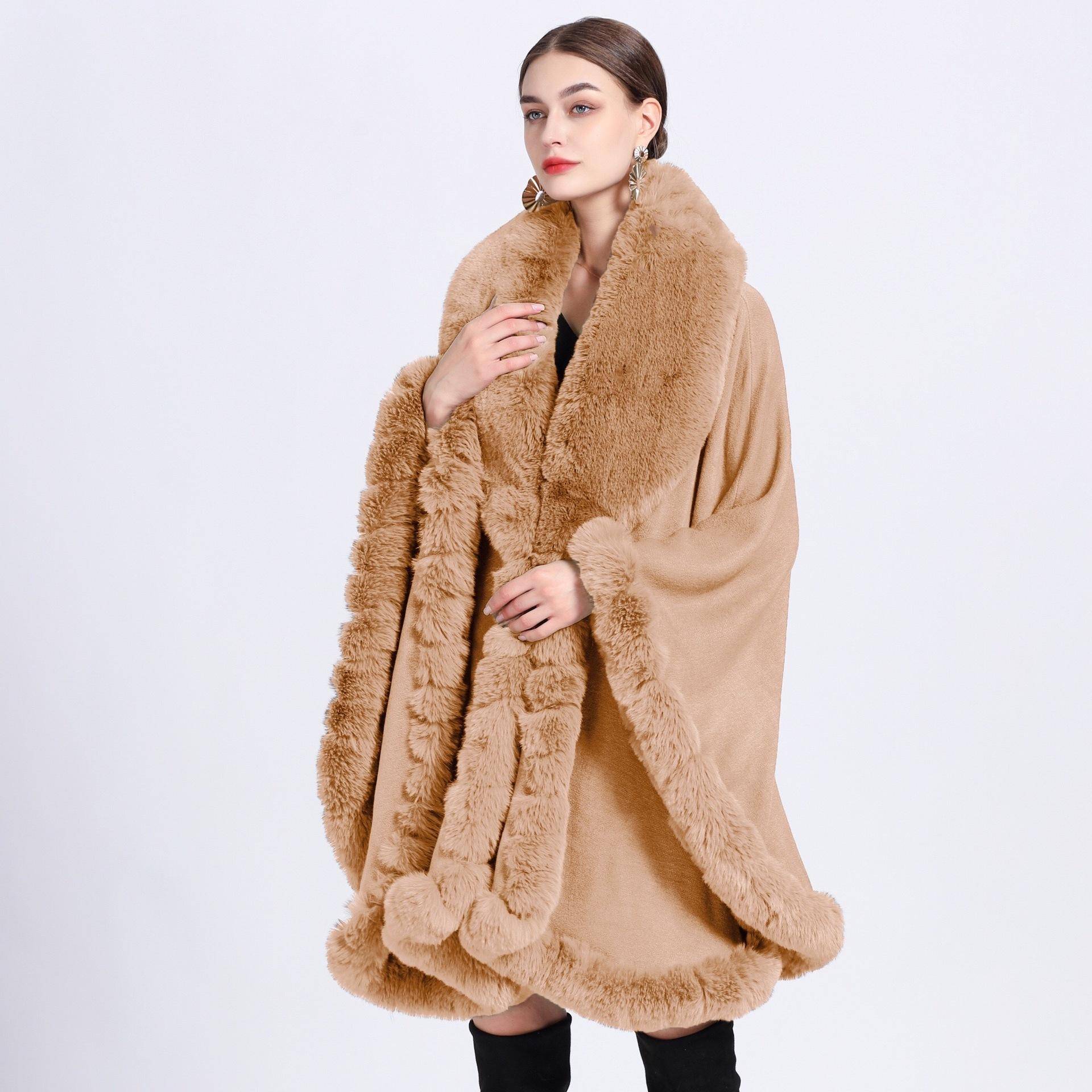 Eleganter V-Revers-Faux-Rex-Kaninchen-Pelz-Mantel-Umhang-Winter-Frauen-großer langer Schal-voller Trim-Pelz-Strickmantel-Mantel-großer Parka One size kamelfarben von Joom DACH