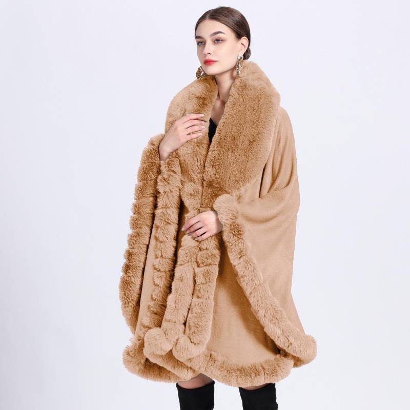 Eleganter V-Revers-Faux-Rex-Kaninchen-Pelz-Mantel-Umhang-Winter-Frauen-großer langer Schal-voller Trim-Pelz-Strickmantel-Mantel-großer Parka One size kamelfarben von Joom DACH