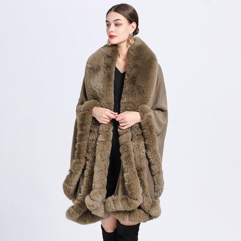 Eleganter V-Revers-Faux-Rex-Kaninchen-Pelz-Mantel-Umhang-Winter-Frauen-großer langer Schal-voller Trim-Pelz-Strickmantel-Mantel-großer Parka One size khaki von Joom DACH
