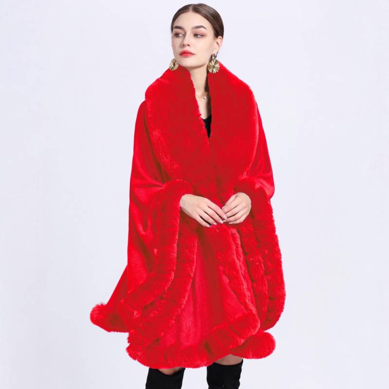 Eleganter V-Revers-Faux-Rex-Kaninchen-Pelz-Mantel-Umhang-Winter-Frauen-großer langer Schal-voller Trim-Pelz-Strickmantel-Mantel-großer Parka One size leuchtend rote von Joom DACH