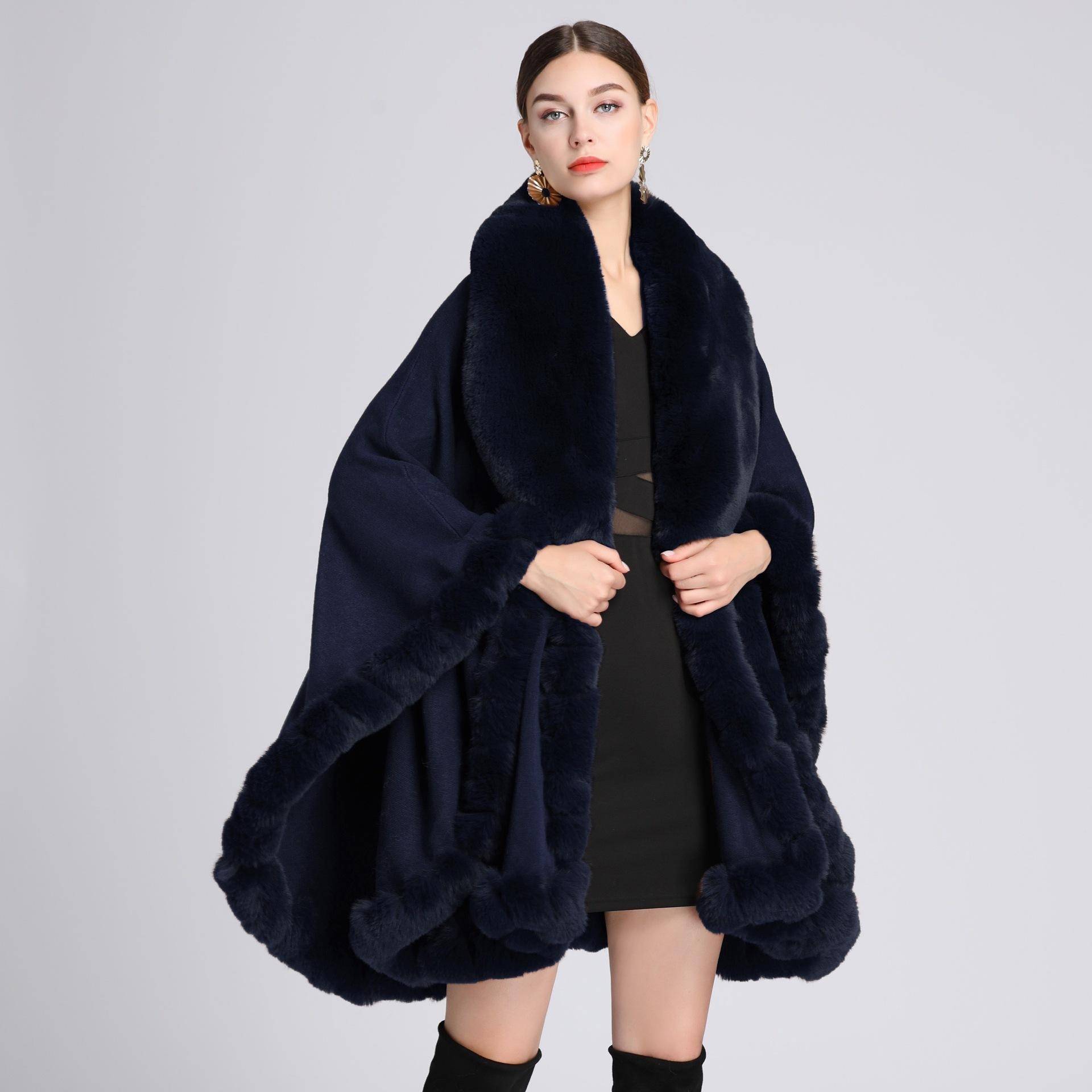 Eleganter V-Revers-Faux-Rex-Kaninchen-Pelz-Mantel-Umhang-Winter-Frauen-großer langer Schal-voller Trim-Pelz-Strickmantel-Mantel-großer Parka One size navy blau von Joom DACH