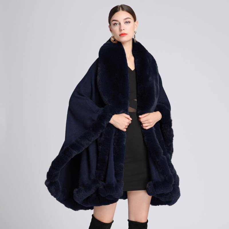 Eleganter V-Revers-Faux-Rex-Kaninchen-Pelz-Mantel-Umhang-Winter-Frauen-großer langer Schal-voller Trim-Pelz-Strickmantel-Mantel-großer Parka One size navy blau von Joom DACH