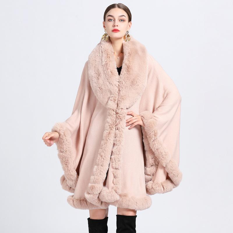 Eleganter V-Revers-Faux-Rex-Kaninchen-Pelz-Mantel-Umhang-Winter-Frauen-großer langer Schal-voller Trim-Pelz-Strickmantel-Mantel-großer Parka One size rosa von Joom DACH