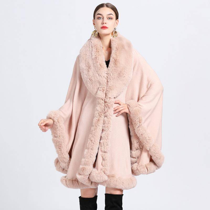 Eleganter V-Revers-Faux-Rex-Kaninchen-Pelz-Mantel-Umhang-Winter-Frauen-großer langer Schal-voller Trim-Pelz-Strickmantel-Mantel-großer Parka One size rosa von Joom DACH