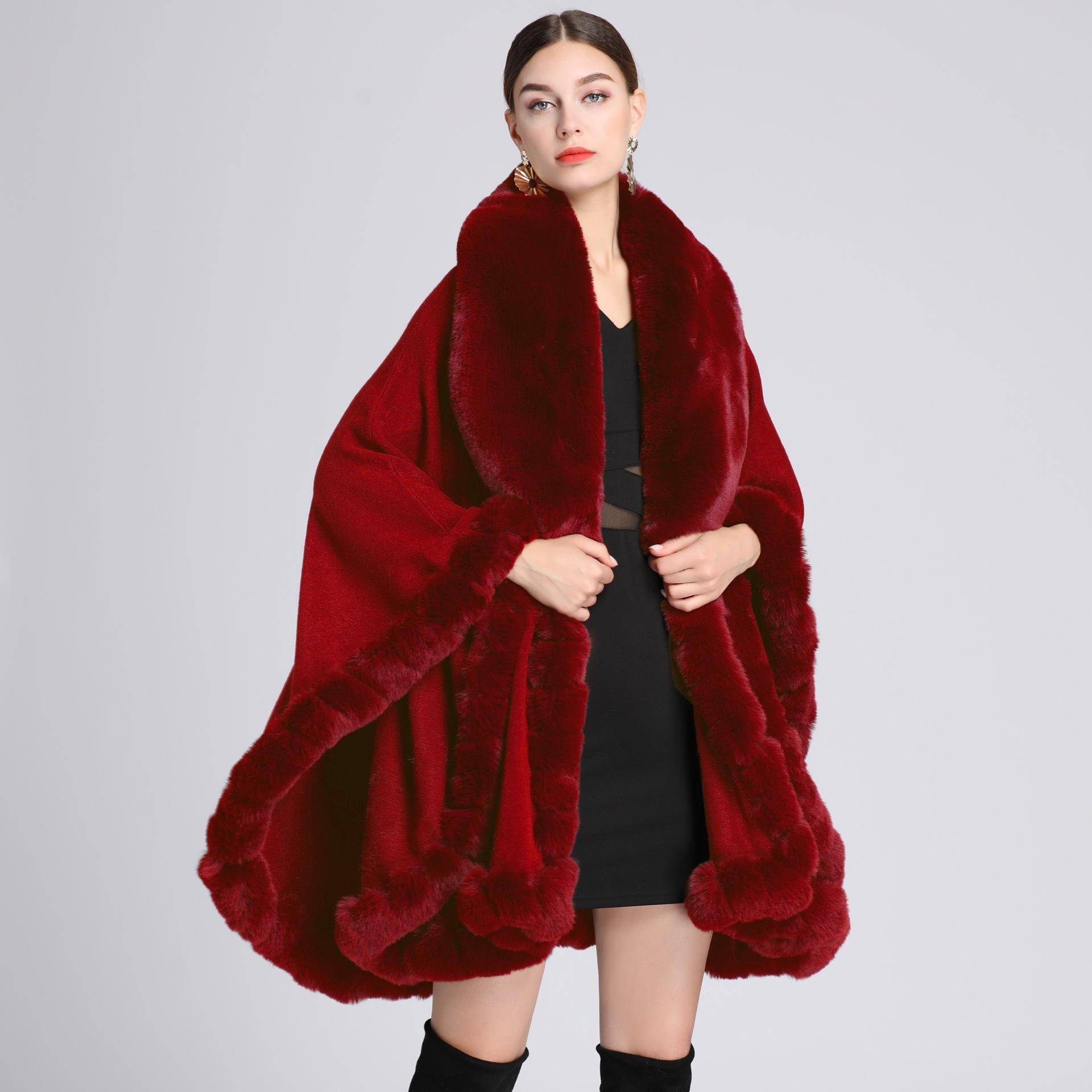 Eleganter V-Revers-Faux-Rex-Kaninchen-Pelz-Mantel-Umhang-Winter-Frauen-großer langer Schal-voller Trim-Pelz-Strickmantel-Mantel-großer Parka One size rot von Joom DACH