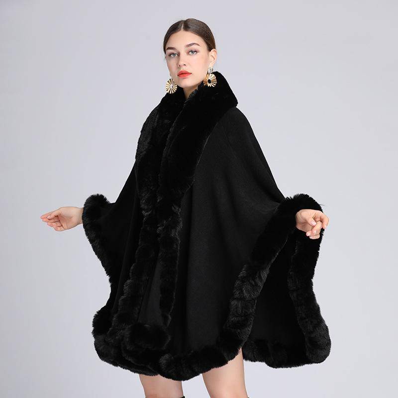 Eleganter V-Revers-Faux-Rex-Kaninchen-Pelz-Mantel-Umhang-Winter-Frauen-großer langer Schal-voller Trim-Pelz-Strickmantel-Mantel-großer Parka One size schwarz von Joom DACH