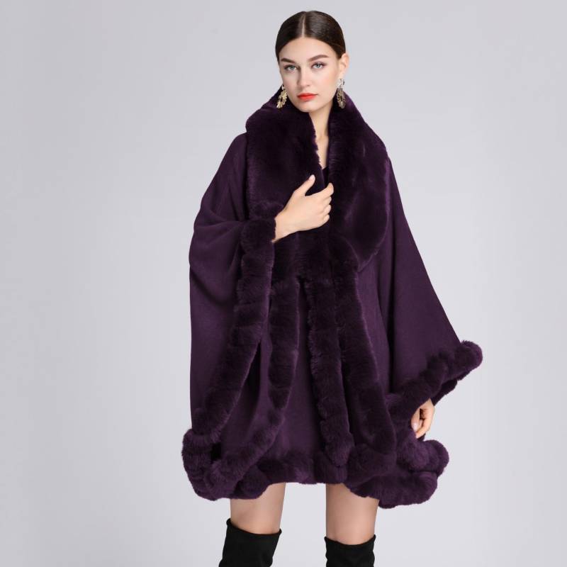 Eleganter V-Revers-Faux-Rex-Kaninchen-Pelz-Mantel-Umhang-Winter-Frauen-großer langer Schal-voller Trim-Pelz-Strickmantel-Mantel-großer Parka One size violett von Joom DACH