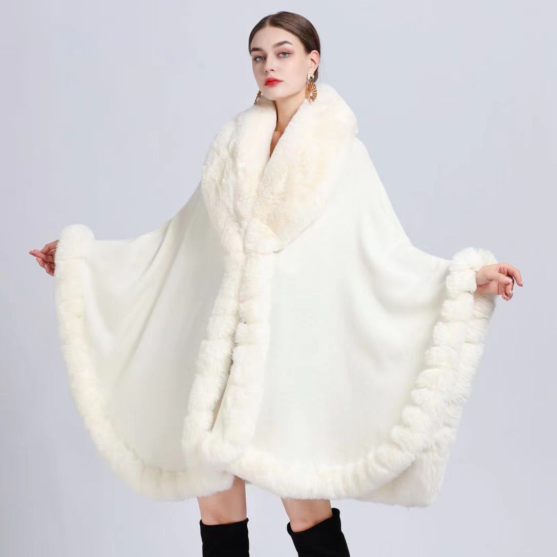 Eleganter V-Revers-Faux-Rex-Kaninchen-Pelz-Mantel-Umhang-Winter-Frauen-großer langer Schal-voller Trim-Pelz-Strickmantel-Mantel-großer Parka One size weiß von Joom DACH