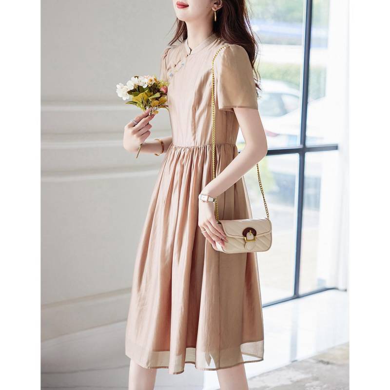 Elegantes A-Stich-Kleid für den Sommer. Neues Pendler-Kleid mit Stehkragen und Knöpfen für Damen, mittellang XL von Joom DACH