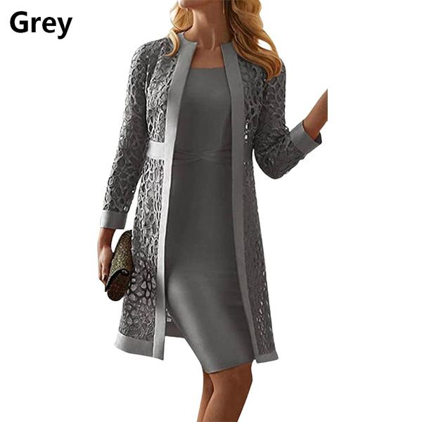 Elegantes Abendkleid mit langen Ärmeln für Damen, neue modische Kleider für die Brautmutter, knielange formelle Party-Abendkleider in Übergröße L grau von Joom DACH