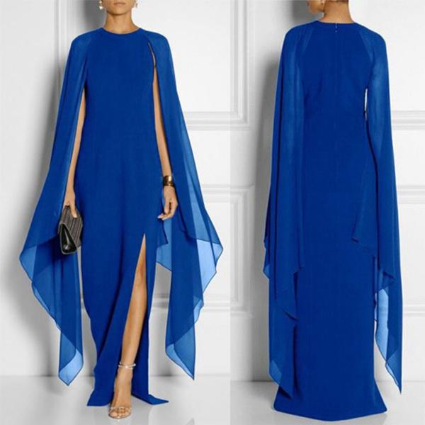 Elegantes Chiffon-Maxikleid für Damen mit hohem Schlitz, ausgestellten Ärmeln, formellem Abendkleid und Umhang XL blau von Joom DACH