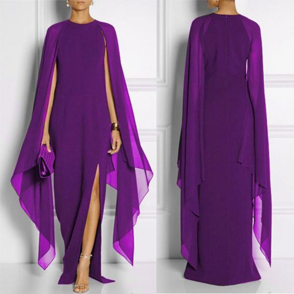 Elegantes Chiffon-Maxikleid für Damen mit hohem Schlitz, ausgestellten Ärmeln, formellem Abendkleid und Umhang XXXXXL violett von Joom DACH