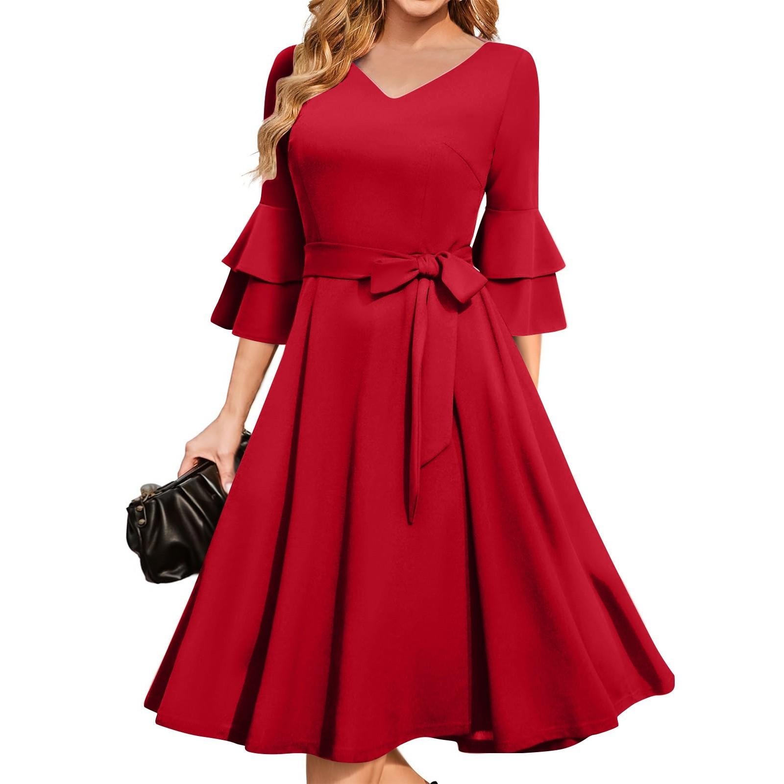 Elegantes Cocktailpartykleid mit Glockenärmeln für Damen für Hochzeitsgäste, figurbetontes Midi-Abendkleid für die Kirche XL rot von Joom DACH