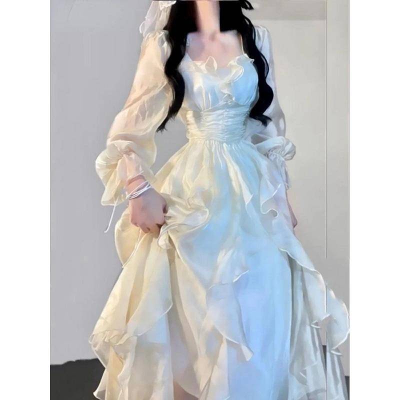 Elegantes Frühlingskleid mit Rüschen, Feenkleider, schlankes A-Linien-Midikleid, Frühlings- und Sommerkleid für Damen, Prinzessinnen-Party, Vestidos S beige von Joom DACH