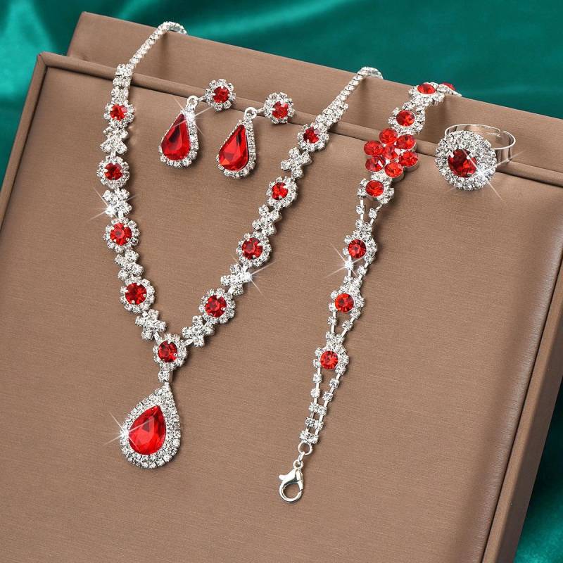 Elegantes Schmuckset mit Kristall-Edelsteinen: Halskette, Ohrringe, Armband und Ring in Tropfenform für Damen von Joom DACH