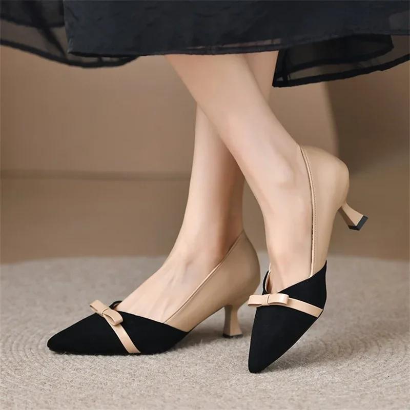 Elegantes Temperament Farbabstimmung Schleife Damenschuhe Neue Frühling dünner mittlerer Absatz spitz zulaufende einzelne Schuhe für Damen 39 schwarz von Joom DACH