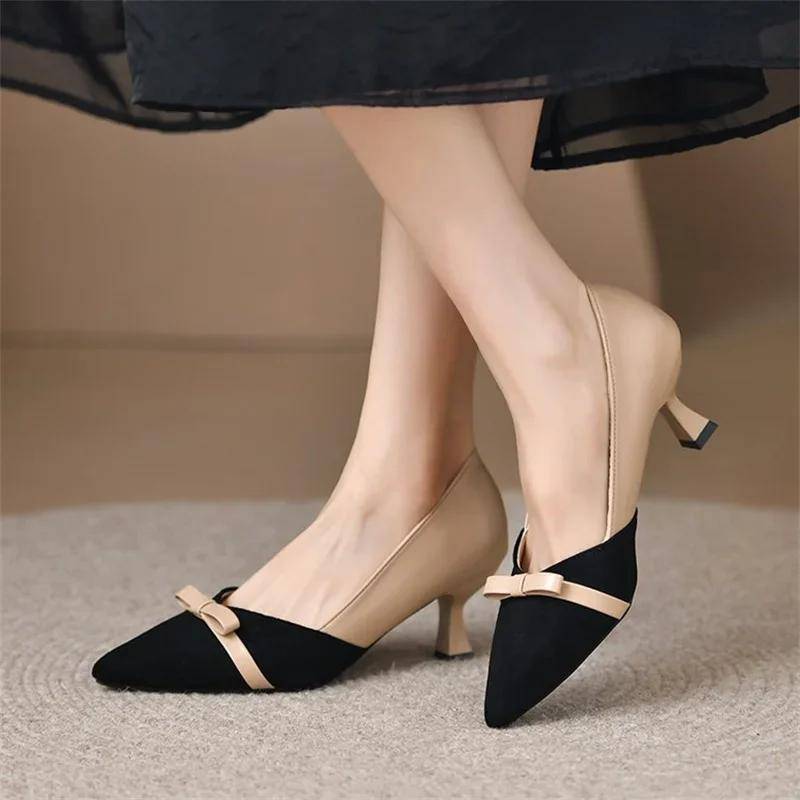 Elegantes Temperament Farbabstimmung Schleife Damenschuhe Neue Frühling dünner mittlerer Absatz spitz zulaufende einzelne Schuhe für Damen 39 schwarz von Joom DACH
