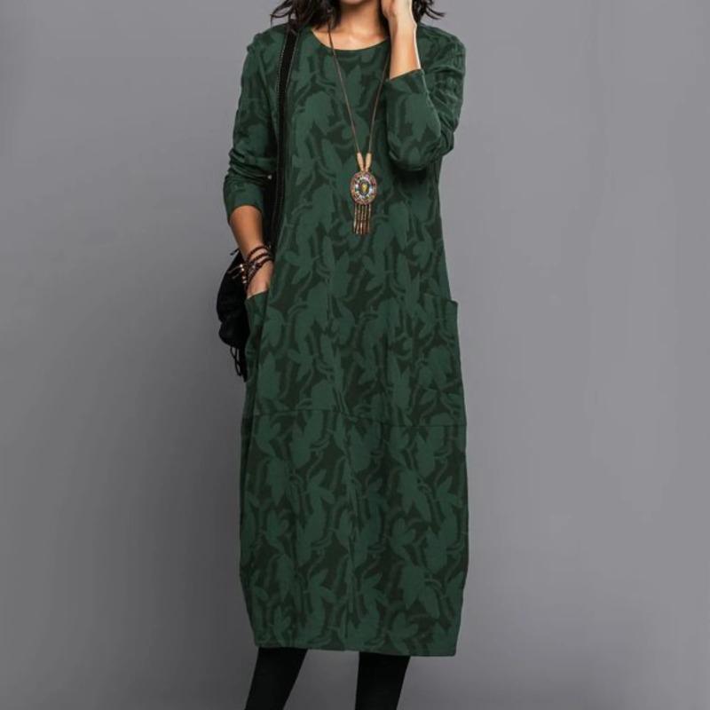 Elegantes bedrucktes Langarm-Plus-Size-Kleid Damenmode Rundhalsausschnitt Lässige lange Kleider Damen Lose Vintage Bürodame Sommerkleid 1312 3XL grün von Joom DACH