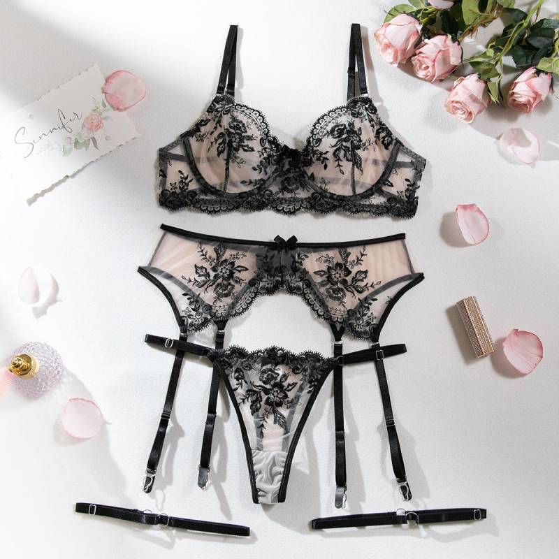 Elegantes florales Mesh-Stickerei-Dessous-Set für Damen Medium schwarz von Joom DACH
