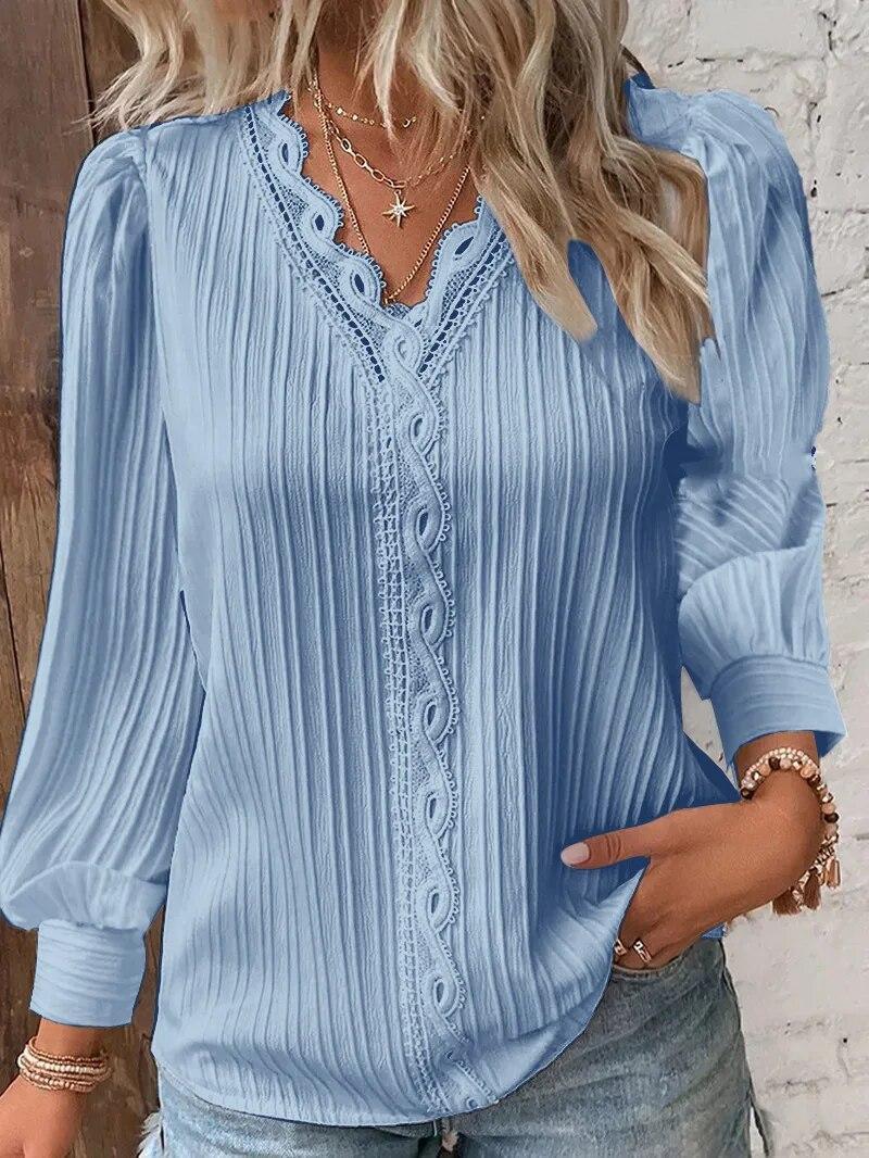 Elegantes langärmliges V-Ausschnitt-Patchwork-Shirt für Damen im Herbst 2024 Modisches, locker sitzendes weißes Freizeithemd fürs Büro XXL himmelblaue von Joom DACH