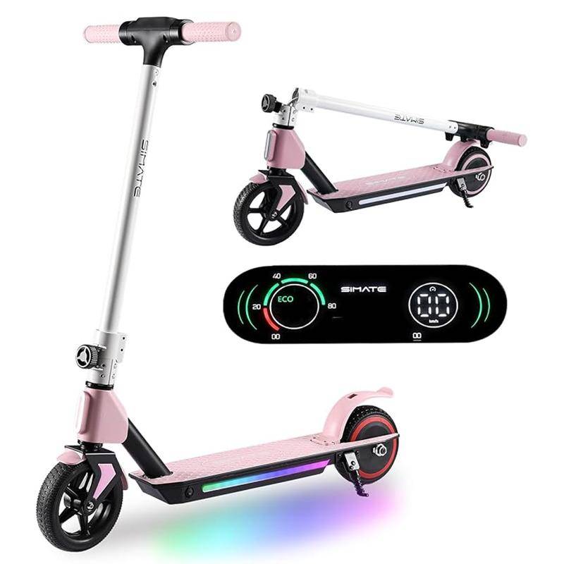 Elektroroller Kinder, Faltbarer Elektroroller für Kinder 6-12 Jahre, mit Doppelbremsen, Regenbogenlichtern und LED-Display, 3 Geschwindigkeitsmodi E-Scooter Kinder rosa von Joom DACH