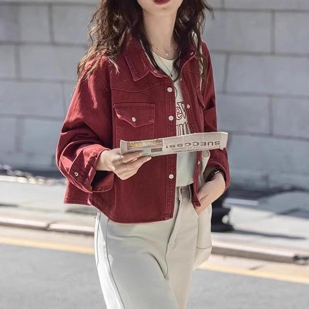 Encore Rote Jeansjacke, Herbst Kleine Vielseitige Moderne Revers Kurze Jacke für Damen XL von Joom DACH