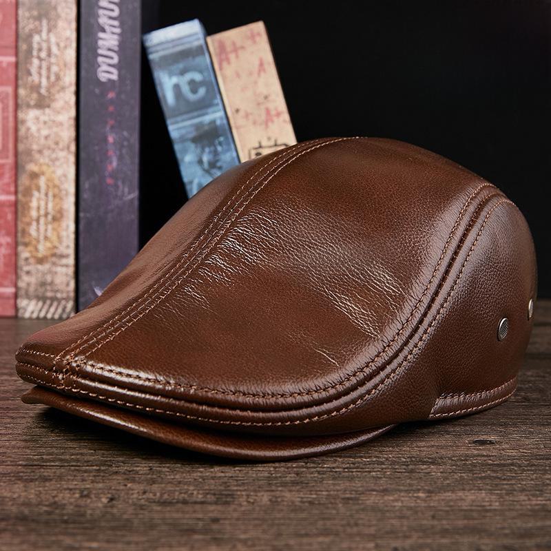 Entenschnabelmütze aus echtem Leder für Herren – Stilvolle, warme Baskenmütze aus dickem Rindsleder für Menschen mittleren und höheren Alters (Herbst Winter) 2XL [59-60cm] braun von Joom DACH