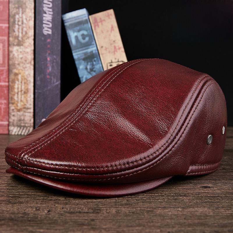 Entenschnabelmütze aus echtem Leder für Herren – Stilvolle, warme Baskenmütze aus dickem Rindsleder für Menschen mittleren und höheren Alters (Herbst Winter) L [55-56cm] bordeaux von Joom DACH