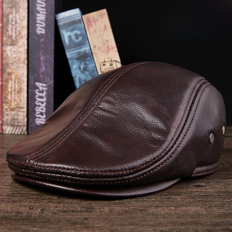 Entenschnabelmütze aus echtem Leder für Herren – Stilvolle, warme Baskenmütze aus dickem Rindsleder für Menschen mittleren und höheren Alters (Herbst Winter) XL [57-58cm] himbeere von Joom DACH