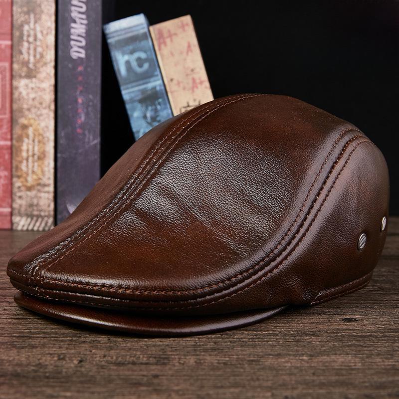 Entenschnabelmütze aus echtem Leder für Herren – Stilvolle, warme Baskenmütze aus dickem Rindsleder für Menschen mittleren und höheren Alters (Herbst Winter) XL [57-58cm] dunkelbraune von Joom DACH