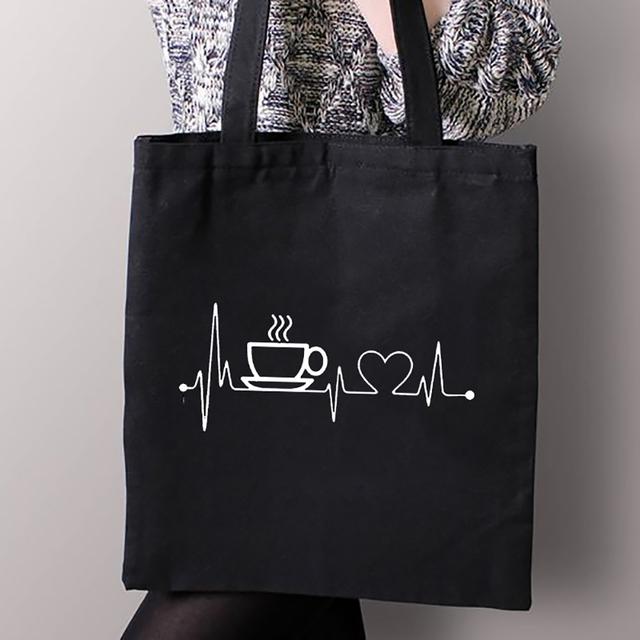 Erste Kaffee Druck Leinwand Einkaufen Schwarz Taschen Mom Leben Frauen Baumwolle Schnalle Tragetaschen Weibliche Shopper Lehrer Student Buch taschen 25*30cm von Joom DACH