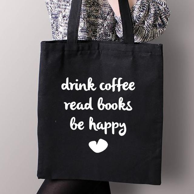 Erste Kaffee Druck Leinwand Einkaufen Schwarz Taschen Mom Leben Frauen Baumwolle Schnalle Tragetaschen Weibliche Shopper Lehrer Student Buch taschen 29*32cm von Joom DACH
