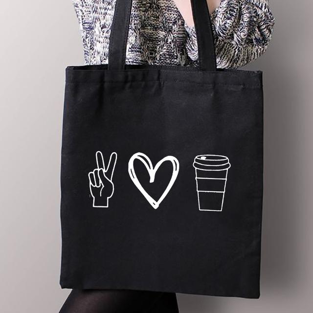 Erste Kaffee Druck Leinwand Einkaufen Schwarz Taschen Mom Leben Frauen Baumwolle Schnalle Tragetaschen Weibliche Shopper Lehrer Student Buch taschen 31*36cm von Joom DACH