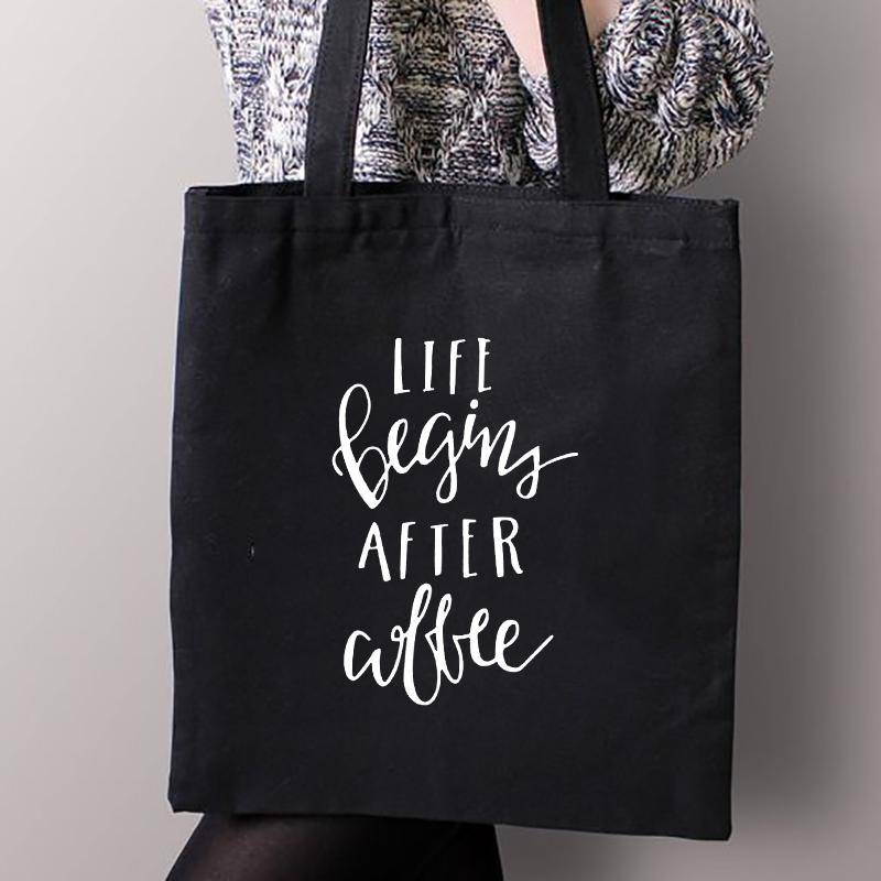 Erste Kaffee Druck Leinwand Einkaufen Schwarz Taschen Mom Leben Frauen Baumwolle Schnalle Tragetaschen Weibliche Shopper Lehrer Student Buch taschen 31*36cm von Joom DACH