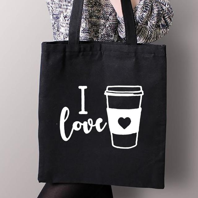Erste Kaffee Druck Leinwand Einkaufen Schwarz Taschen Mom Leben Frauen Baumwolle Schnalle Tragetaschen Weibliche Shopper Lehrer Student Buch taschen 34*42cm von Joom DACH