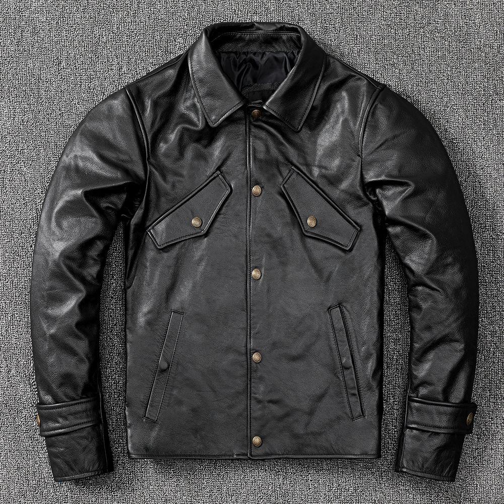 Erste Schicht Rindsleder Weiche Echtes Lederjacke Herren Revers Slim Lederjacke Oberbekleidung Lässig Set Trend 5XL schwarz von Joom DACH