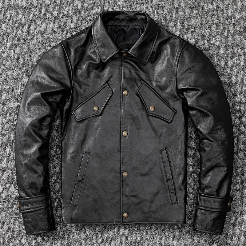 Erste Schicht Rindsleder Weiche Echtes Lederjacke Herren Revers Slim Lederjacke Oberbekleidung Lässig Set Trend 5XL schwarz von Joom DACH