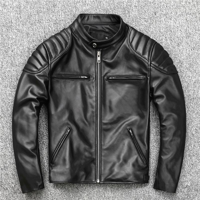 Erste Schicht Schaffell Lederjacke Herren Motorrad Stehkragen Schlanke Kurze Jugend Lederjacke M schwarz von Joom DACH