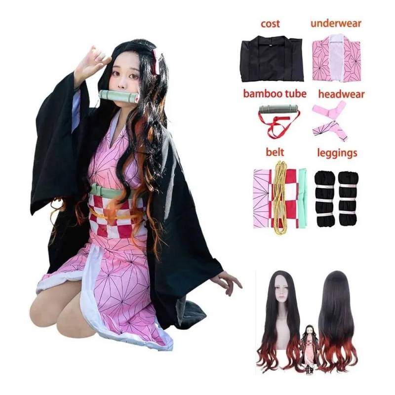 Erwachsene Frauen Anime Dämon Slayer Kamado Nezuko Cosplay Perücke Lange Lockige Kostüm Kimono Kostüm Kleidung Kinder Mädchen 150cm von Joom DACH