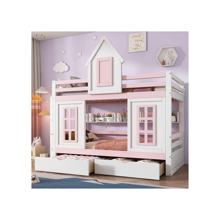 Etagenbett - MUVOE - 90x200 cm - Weiß + Rosa - 2 Schubladen - Integriertes Bücherregal weiß von Joom DACH