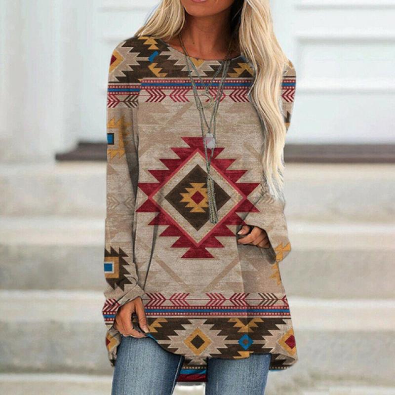 Ethnische 3D-Druck T-Shirt Frauen Mode T-Shirts Casual Langarm Tops Herbst Grafikdruck lose Harajuku Vintage 5XL von Joom DACH