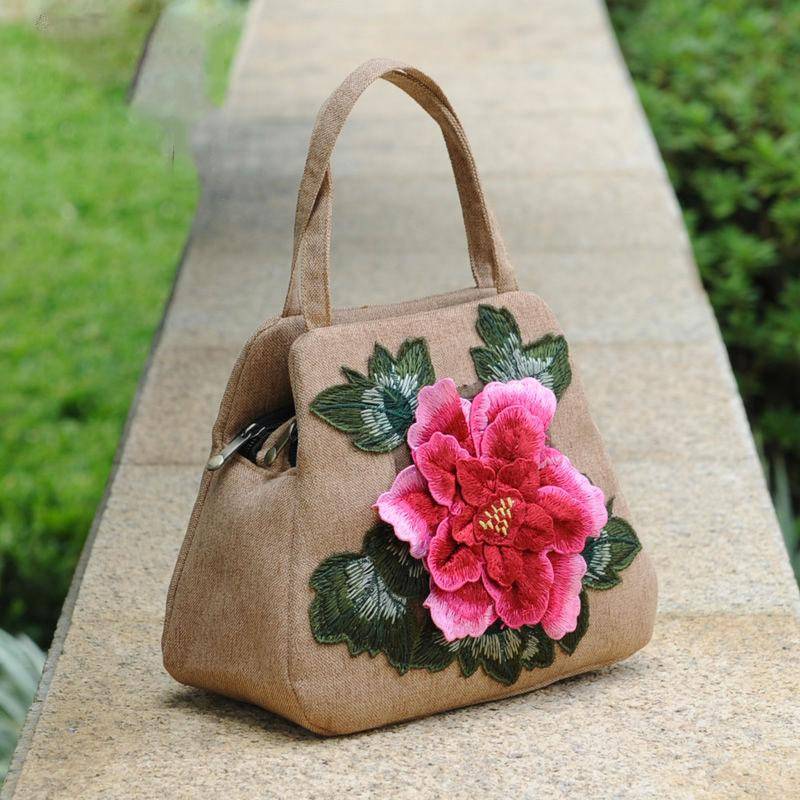 Ethnische Stil Damen bedruckte Canvas bestickte Tragetasche Baumwoll-Canvas Handy-Handtasche Hunderteckige Tasche bis hin zu hochwertigen eleganten Handtaschen 23*21*11cm von Joom DACH