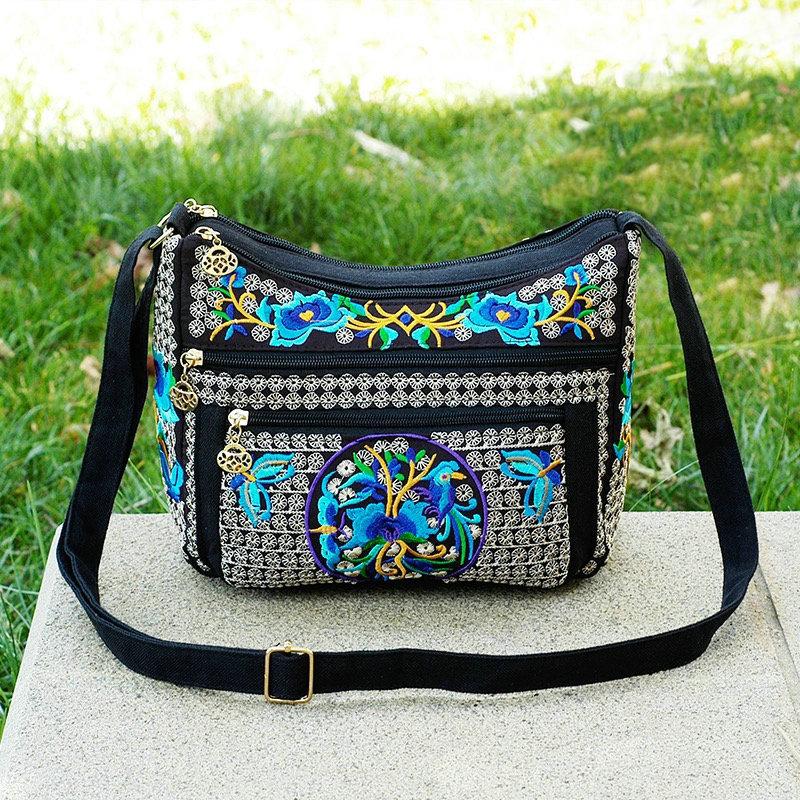 Ethnische Taschen Bestickte Damen-Umhängetasche Umfassende Stickerei-Umhängetasche Kleine Knödeltasche Vier schräge Umhängetasche blau von Joom DACH