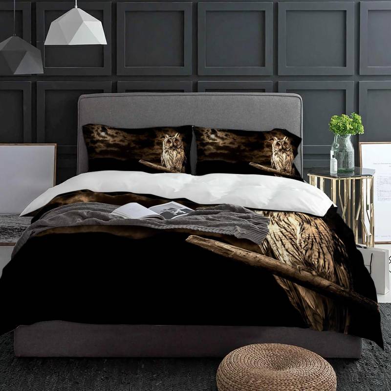 Eulenmond Nachtschwarz Bettwäsche-Set 3-teilig Jungen Mädchen Bettbezug Kissenbezug Kinder Erwachsene Bettdeckenbezug Doppelbett-Set Heimtextil EU single(135x200cm) von Joom DACH