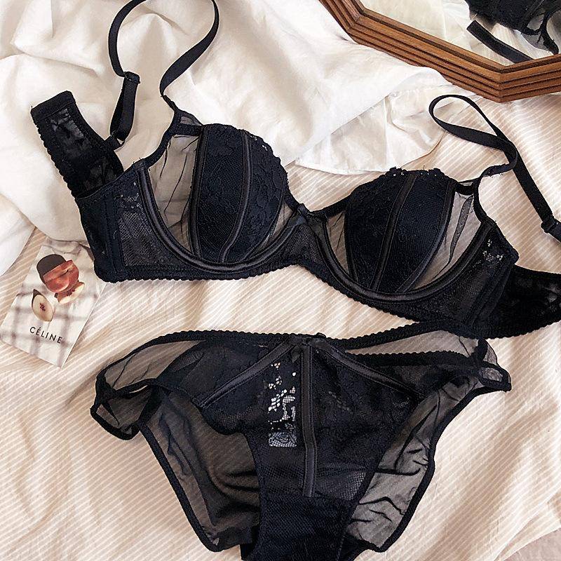Europa Frauen Unterwäsche Set Sexy Spitze Ultra Dünne 1/2 Tasse Plus Größe Büstenhalter Mode Stickerei Dessous Push-Up Bh Slip set 85B schwarz von Joom DACH