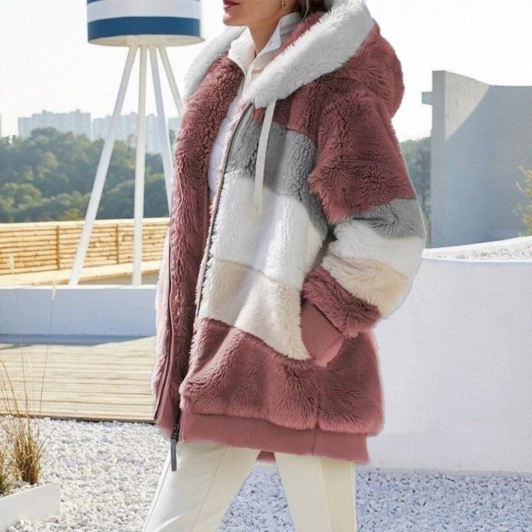 Europa Vereinigten Staaten 2024 Herbst Winter Warme Plüsch Zipper Tasche Mit Kapuze Lose Jacke Frauen 5XL rot von Joom DACH